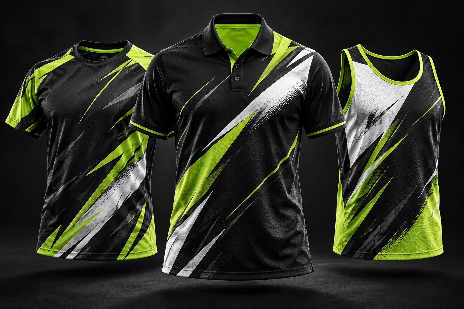 Black, white and electric-lime custom sublimated polo, jersey and training vest
